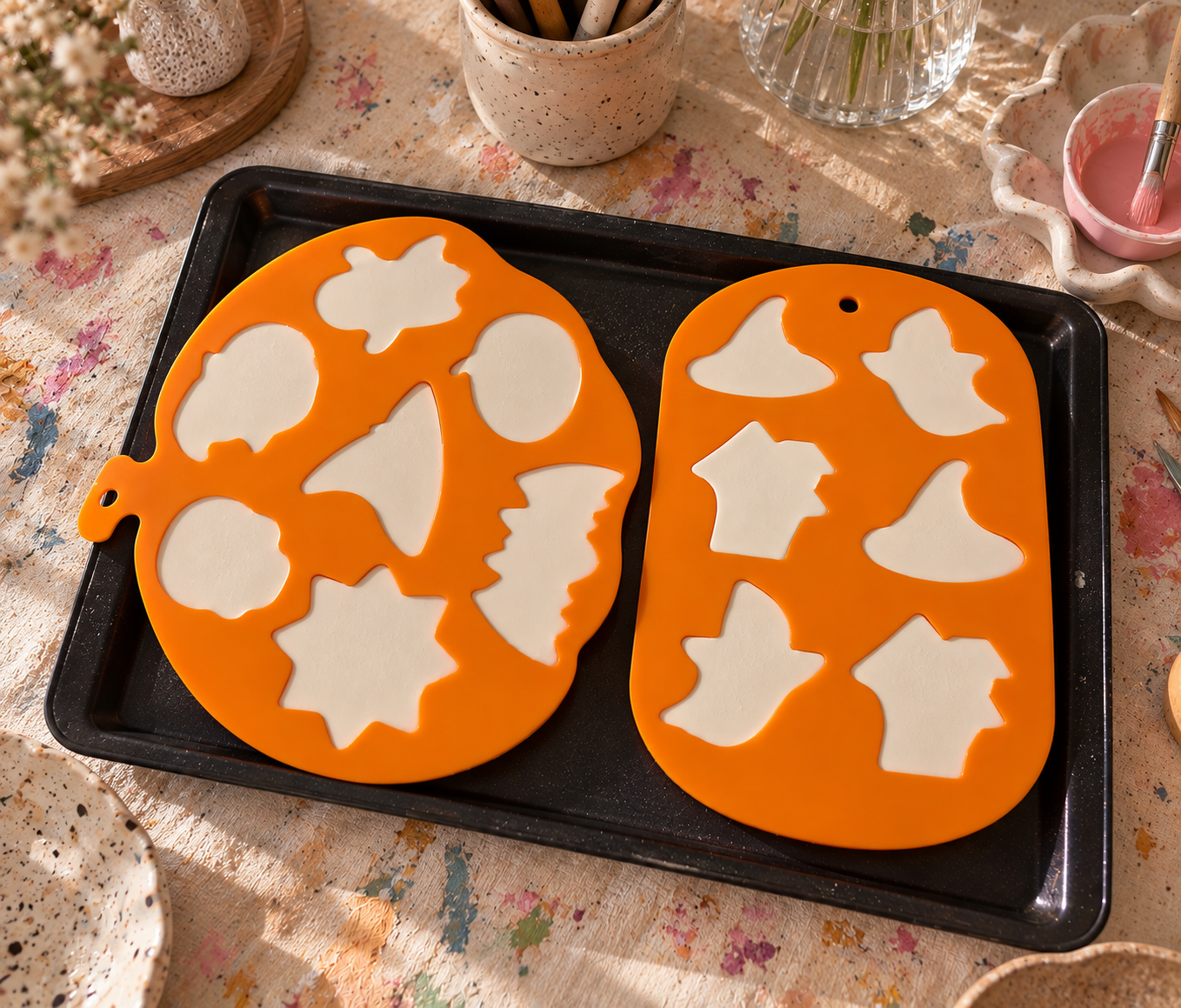 Fresh white plaster shapes in orange Halloween moulds on a craft table