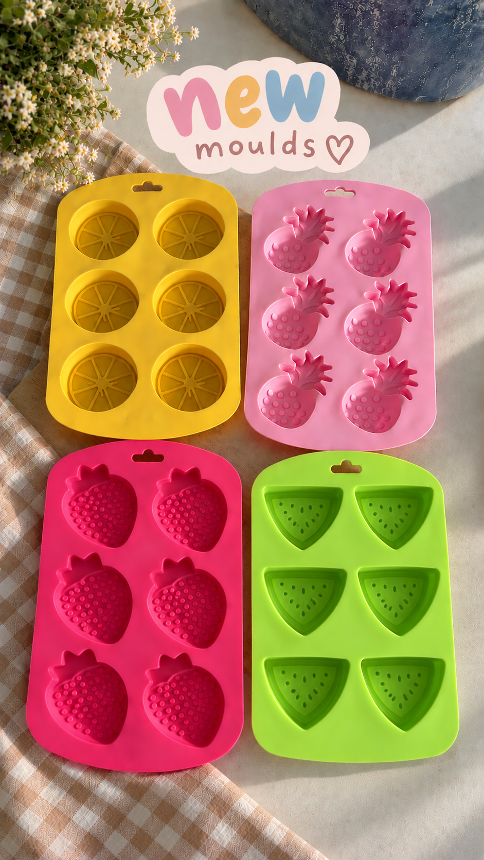 Colourful silicone moulds for citrus, pineapple, strawberry and watermelon shapes